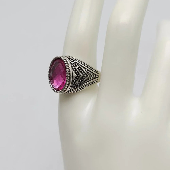 Pink Rhinestone Faux Ruby Silver Tone Statement Dome Ring Size 10 Unisex - Picture 3 of 4